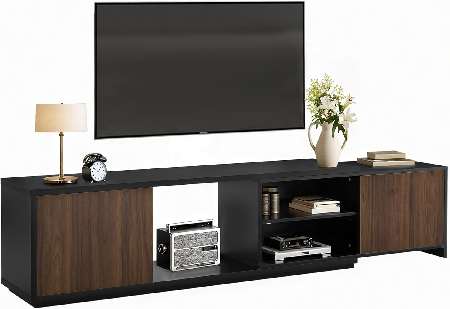 Extendable TV Stand for TVs up to 90",Modern Entertainment Center with Adjustable Shelf,Television Stand with 2 Storage Cabinets,Wooden TV Media Console for Living Room Bedroom Black