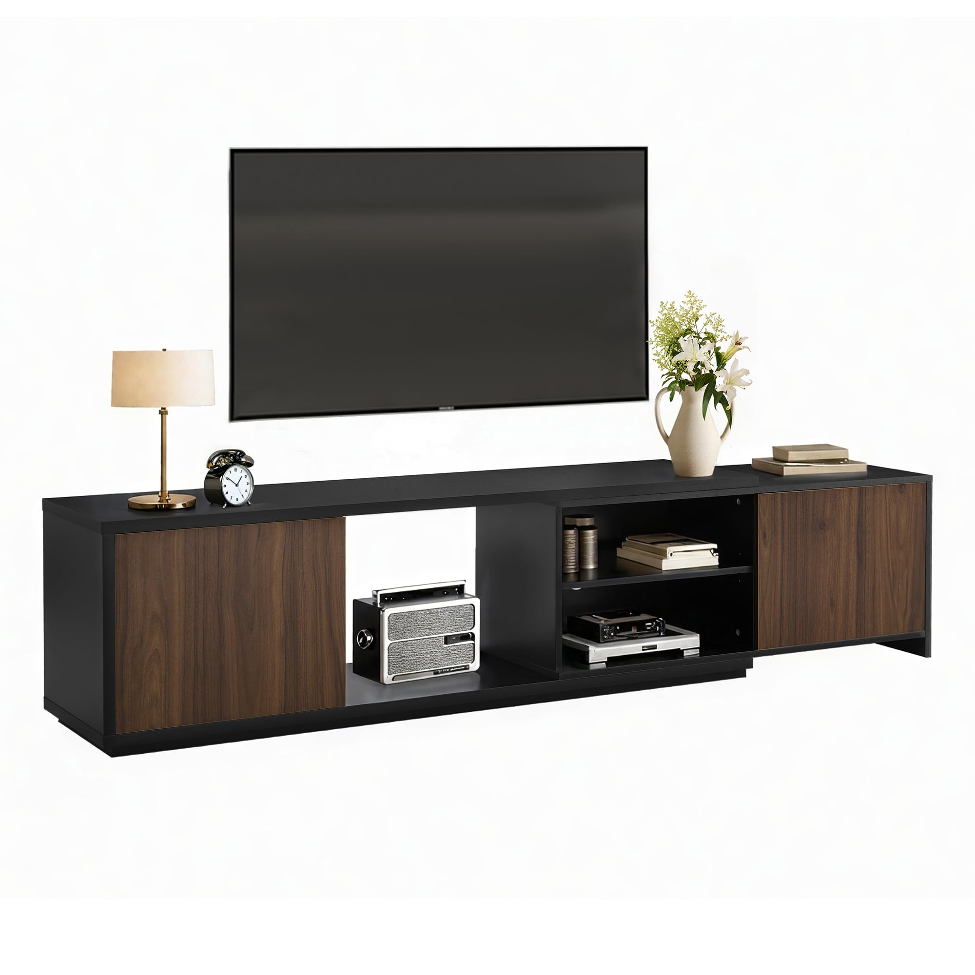 Extendable TV Stand for TVs up to 90",Modern Entertainment Center with Adjustable Shelf,Television Stand with 2 Storage Cabinets,Wooden TV Media Console for Living Room Bedroom Black