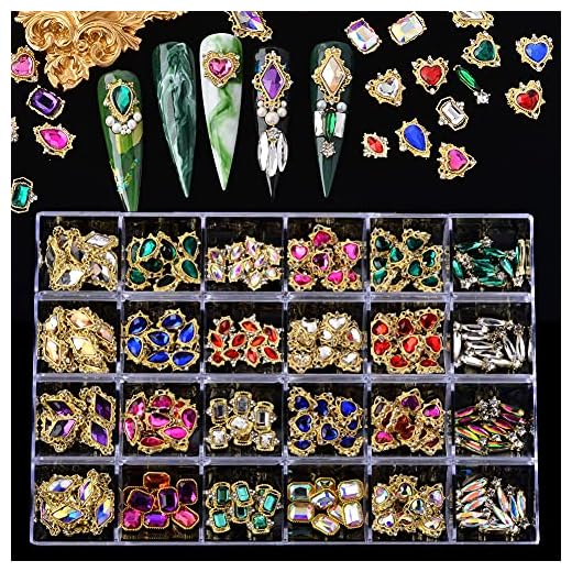 Nail Art Rhinestones Decoration Kit,240Pcs Nail Crystal Diamond Nail Charms Multi Shapes Luxury Glass Rhinestones Metal Gem for Nails Crafts Nail Design Accessories(24 Styles,Multi-color)