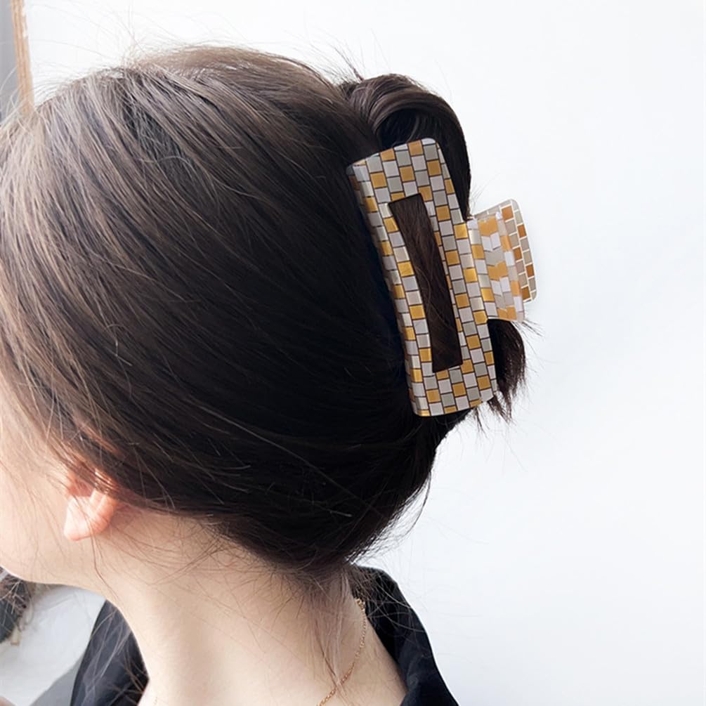 Pinzas de pelo a cuadros para mujeres y niñas, pinzas grandes de moda de 4 pulgadas para peinar, pinzas de garra para el cabello grueso, retro, forma rectangular (paquete de 3)