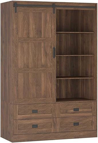 Miniatura 9 de Armario de clóset con puerta corrediza estilo granero, armario con 4 cajones de almacenamiento y barra para colgar, armario independiente de madera