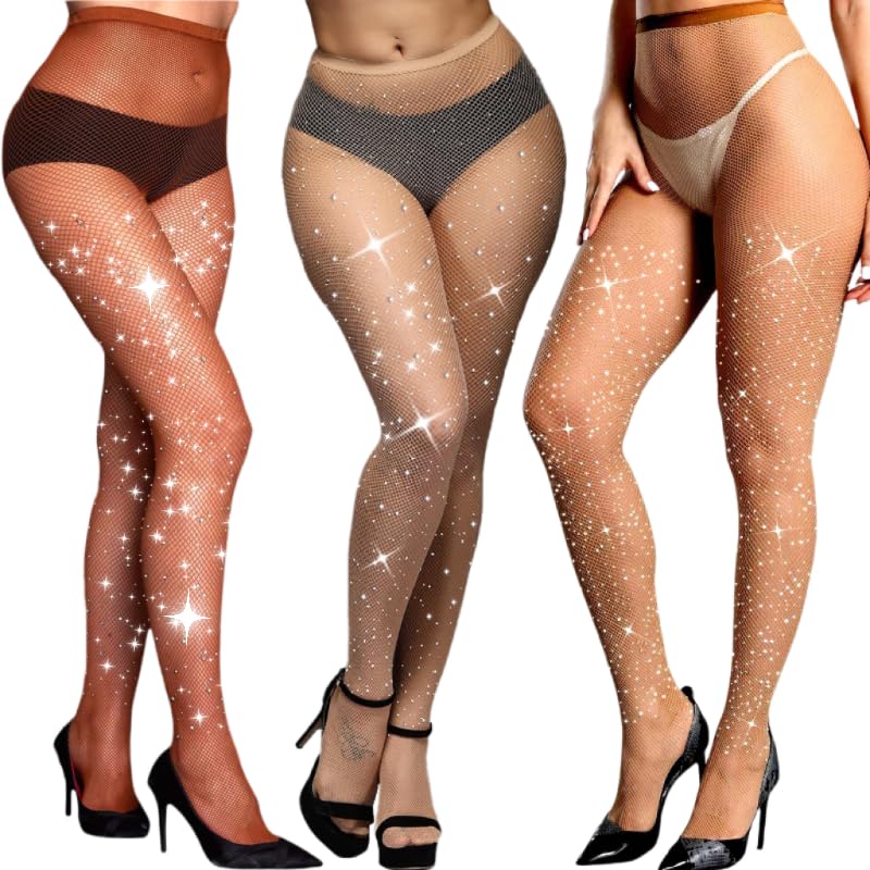 Image of 3 PCS Sexy Sparkle Rhinestone Fishnet Stockings Pantyhose, High Waist Sparkly Party Tights for Women