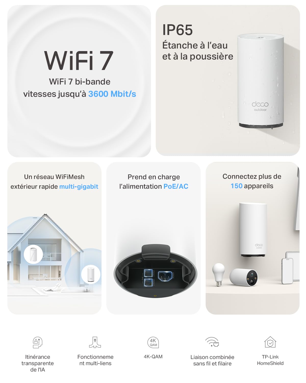 TP-Link Deco BE25-Outdoor Routeur WiFi 7 Mesh BE3600, Répéteur Extérieur/Intérieur, Double Bande, 2×2,5G, IP65, PoE/AC
