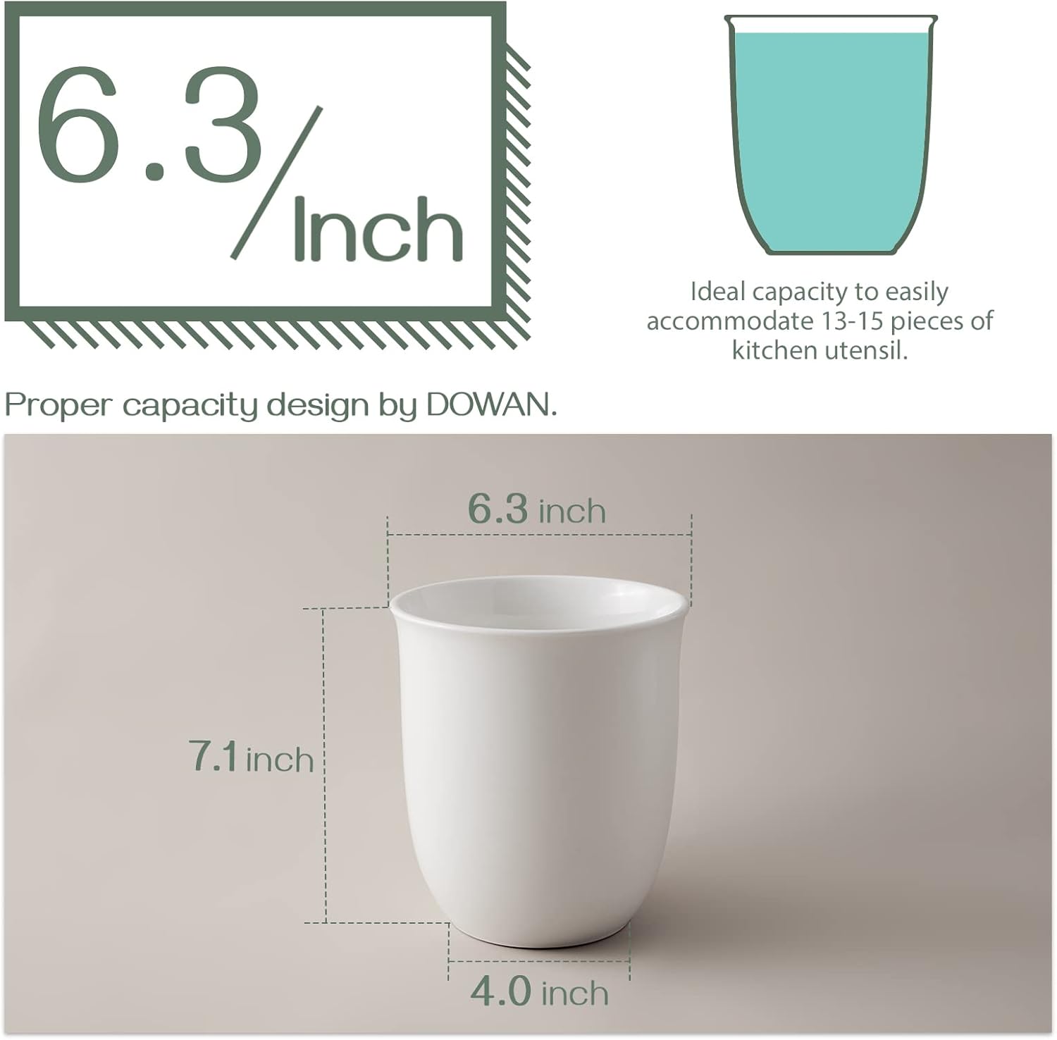 DOWAN White Utensil Holder, 7.1" Kitchen Utensil Holder, Utensil Holder for Countertop, Home Decor, Table-Protection Cork Mat, Ceramic Container for Utensil Sets, Utensil Crock, Plant Pots