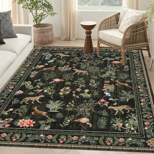 Waschbarer dunkelgrüner Teppich, 150 x 200 cm, Tier, Botanik, Boho, groß, Wohnzimmerteppich, Gepard, Flamingo, Hirsch, floral, rutschfest, weich, orientalisch, Vintage-Farbe, Schlafzimmer, Esszimmer