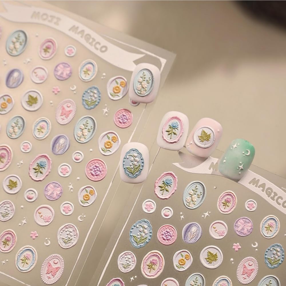 Flower Nail Stickers Floral Frame Nail Decals 5D Embossed Pink Blue White Nail Designs Butterfly Leaf Nails Supplies 3D Self-Adhesive Spring Summer Nails Art Stickers for Women DIY Manicure 1 Sheet image 5
