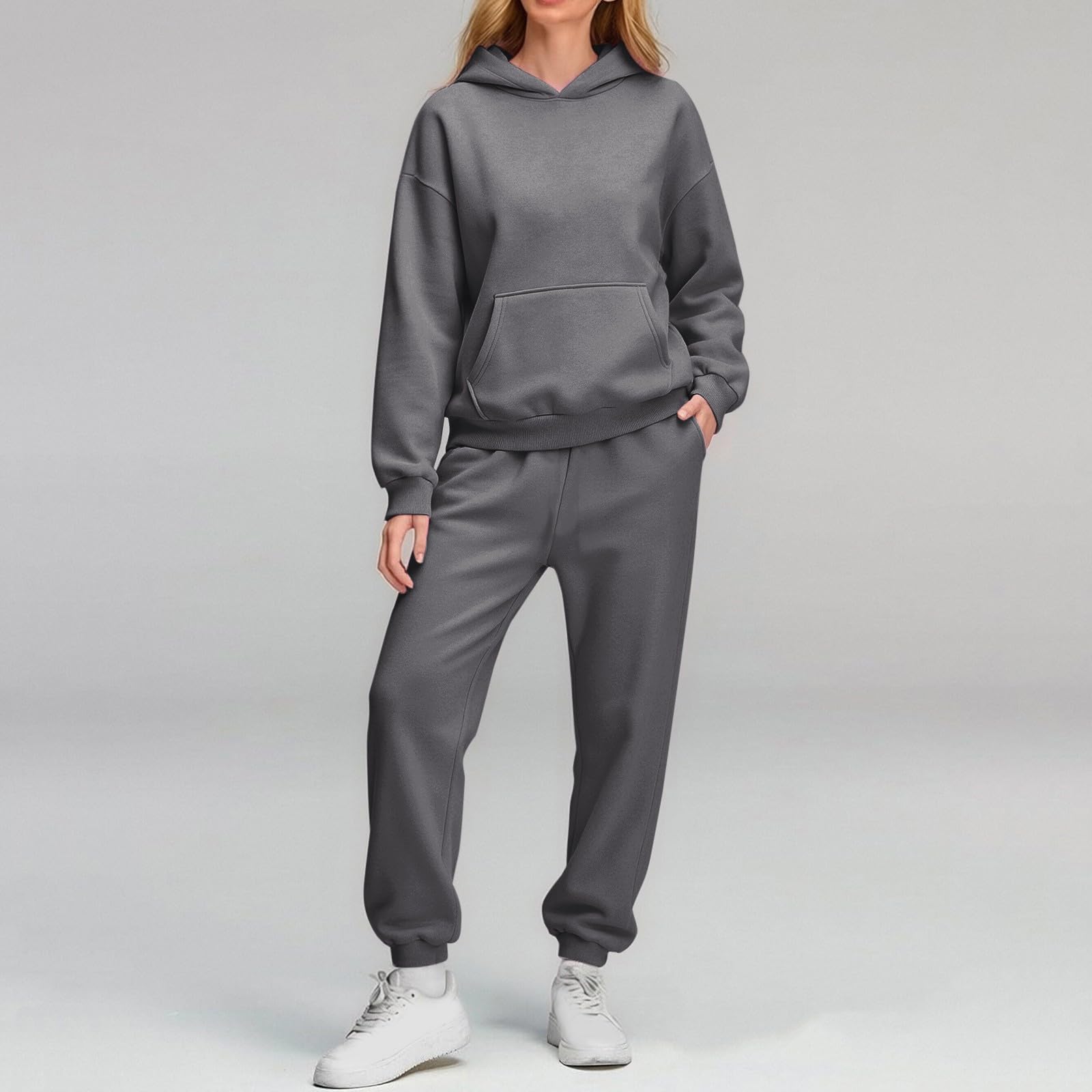 Ensemble de sport pour femme - Pantalon long - Survêtement pour femme - En | Sweat à capuche doux et confortable - Taille haute - Couleur unie - Pantalon de fitness - Streetwear