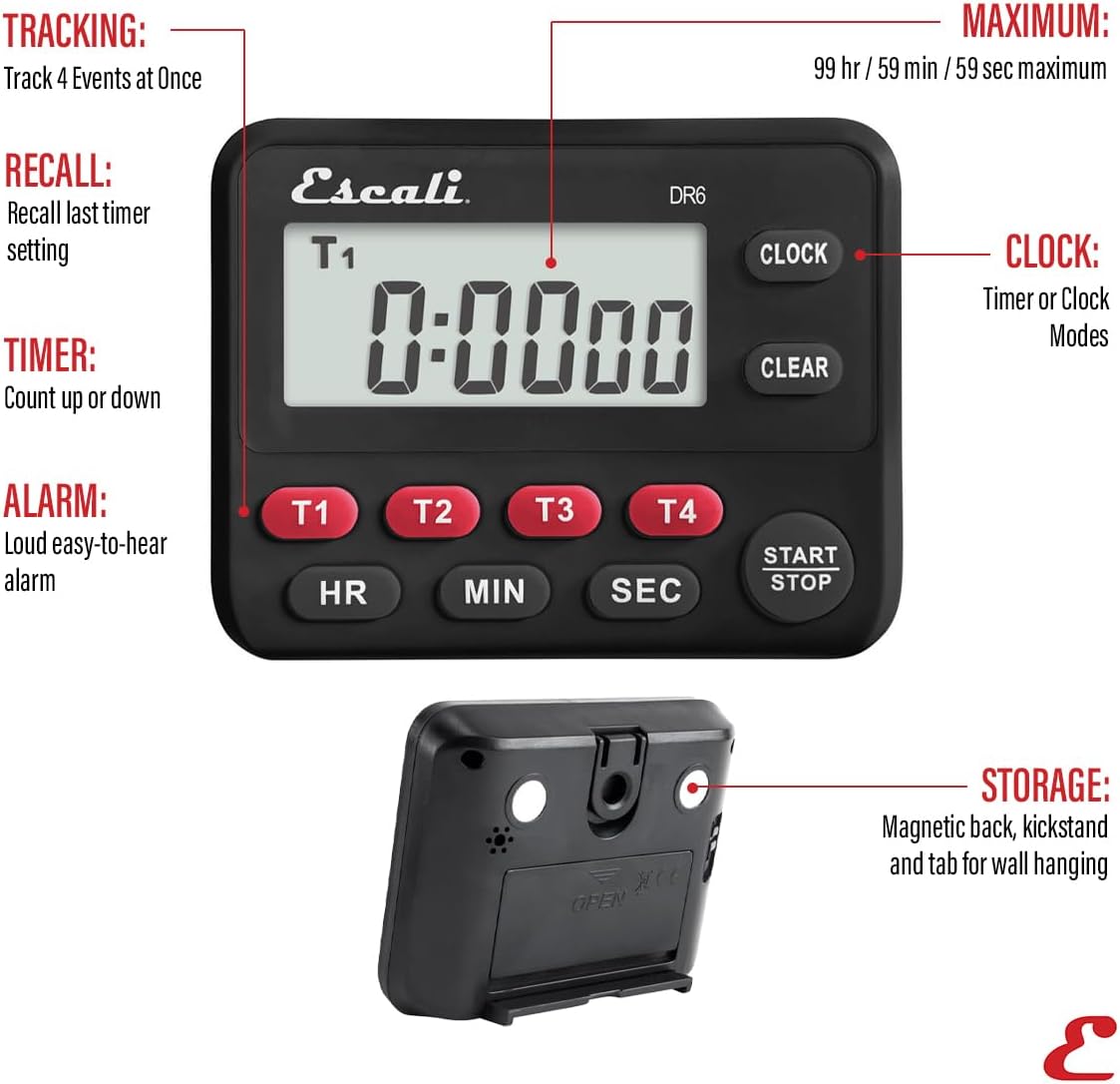 Escali Multi-Task Four Event Digital Kitchen Timer with Clock Mode, Magnetic Back, Overtime Counter