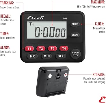 Escali Multi-Task Four Event Digital Kitchen Timer with Clock Mode, Magnetic Back, Overtime Counter