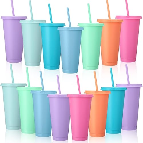 Honeydak 15 Pack Tumbler with Straw and Lid Bulk Water Bottle Iced Coffee Travel Mug Cup Reusable Plastic Cups for Party Birthdays 24-27 oz (Macaron Color)