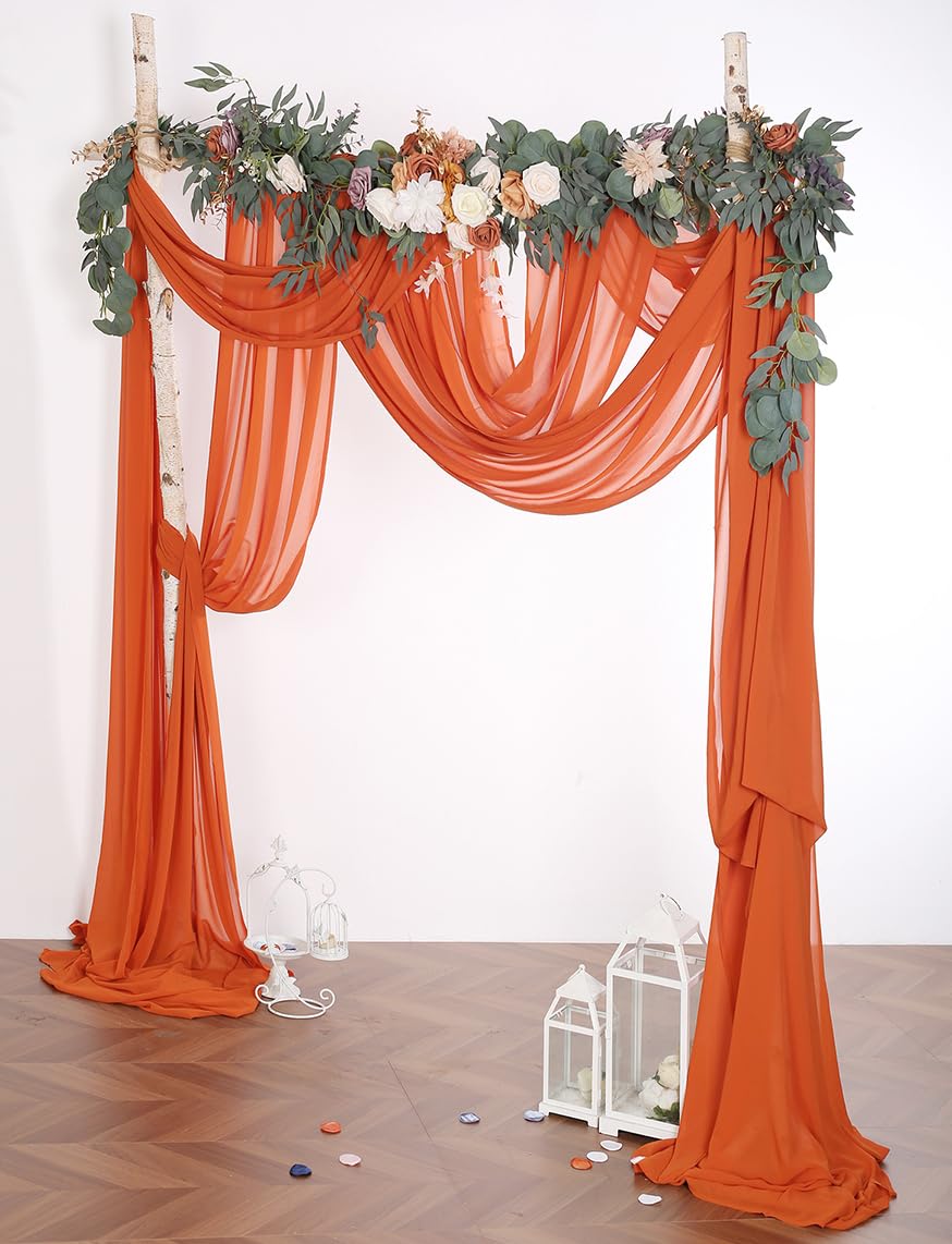 Lot de 2 panneaux de tissu drapé en mousseline de soie pour arche de mariage, décoration de fond de fête de mariage, orange brûlé et orange brûlé