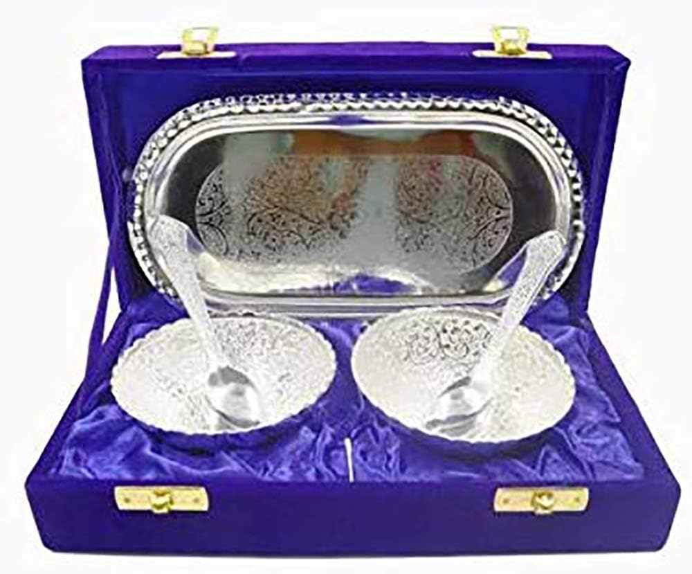 HHI German Silver Bowl Spoon And Tray For Gift Set | Silver, 0.07 liter