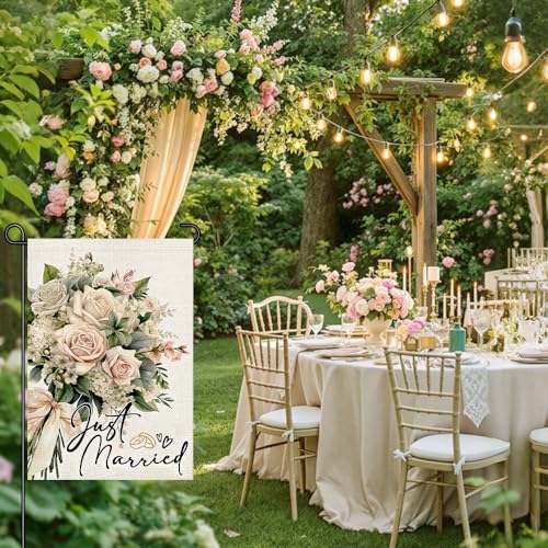 Drapeau de jardin Just Married double face pour décoration extérieure de cour