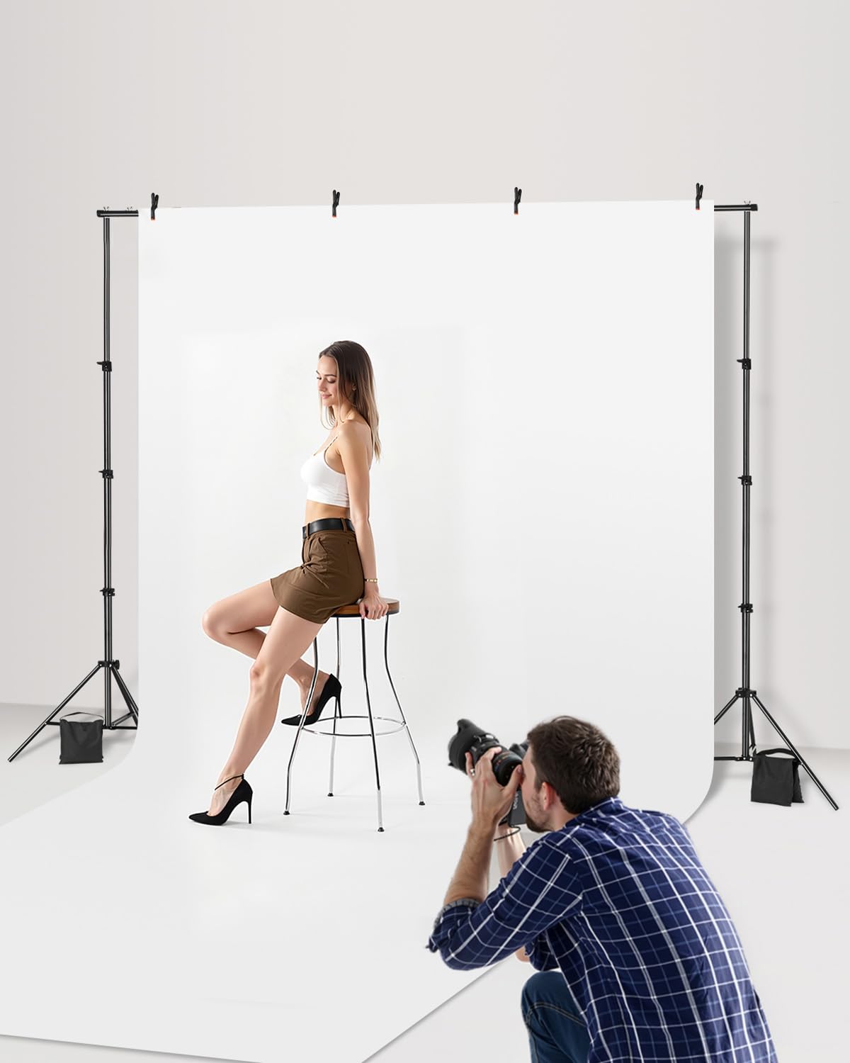 VEVOR Support Toile de Fond 213 x 300 cm, Kit Support Fond Photo Réglable, en Acier au Carbone, Portable, avec 3 Barres Transversales, pour Écran de Projection Mariage Studio Photographie Exposition