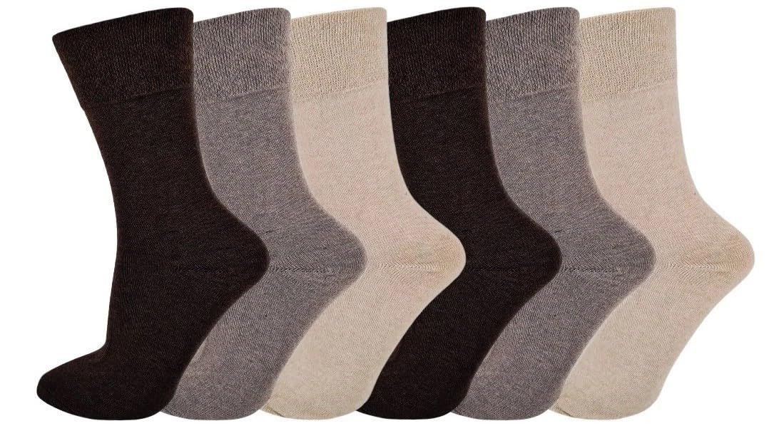 SOCK-TEC Ladies Non Elastic Socks, Diabetic Friendly, Soft Cotton Wide Gentle Loose Top Grip - 6 Pairs - UK Size 4-8 (UK, Numeric, 4, 8, Regular, Regular, Browns)