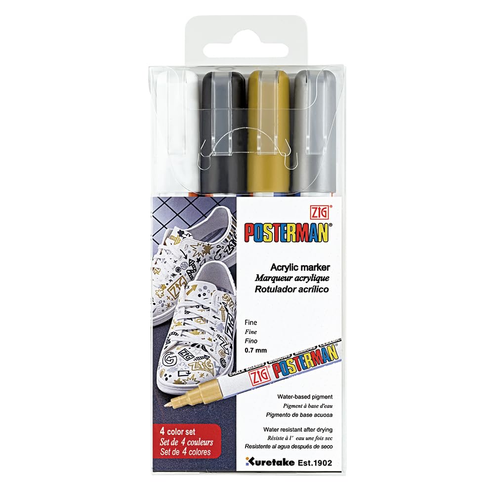 Zig Posterman Waterproof Acrylic Marker Set (PMA-10A/4VA) 4 Colors 0.7mm Extra Fine Tip Water resistant after drying,Hi-Opaque,No mess,Odourless,Xylene Free,Professional Quality. AP-Certified Japan