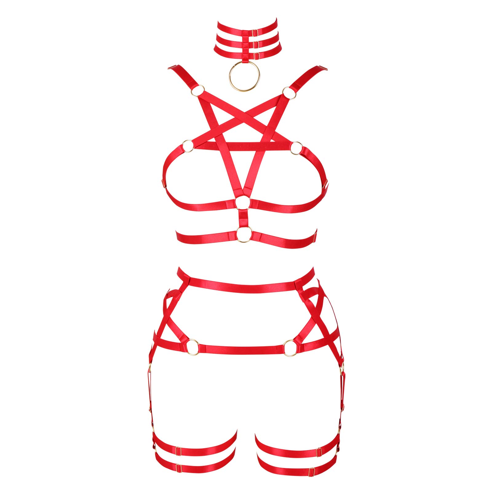Ensemble harnais de corps pour femme avec soutien-gorge pentagramme porte-jarretelles punk gothique carnaval Halloween élastique réglable costume de danse