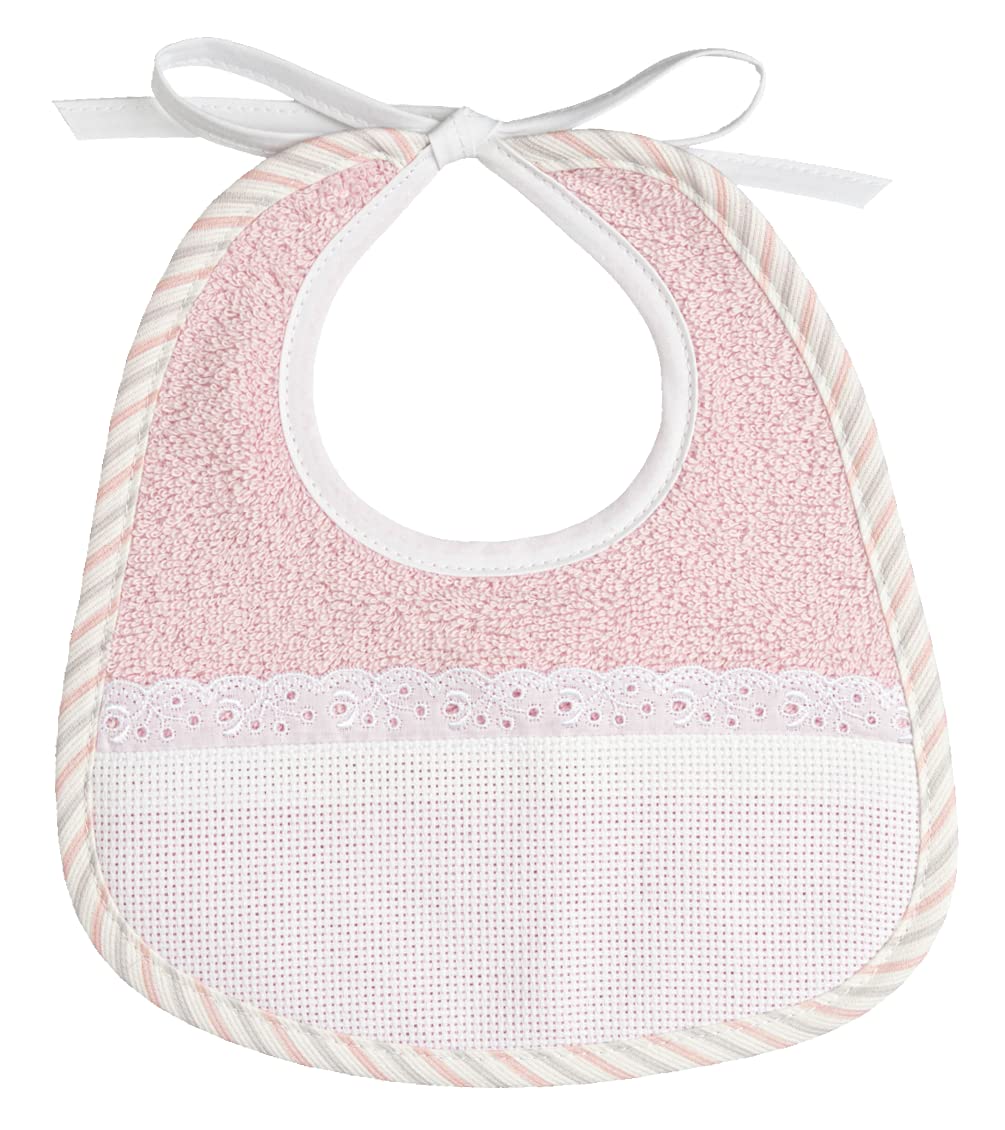 FILET - Embroidery bib made of pink cotton foam, lace details, multi-coloured, pocket from Aida, ideal for newborns, made in Italy, colour pink