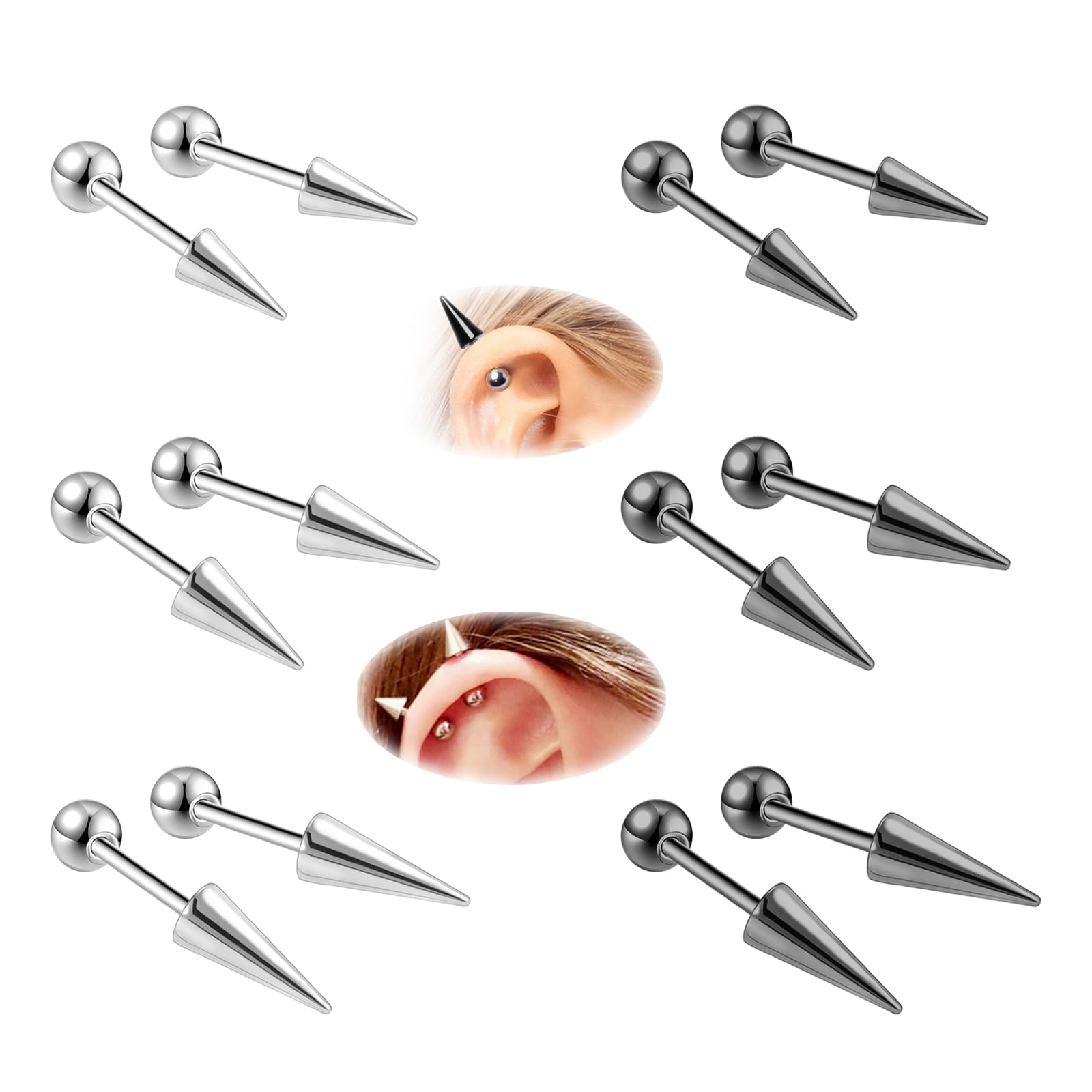 20G Spike Nose Rings Studs, 18G Stainless Steel Spike Stud Earrings, 16G Septum Lip Rings Cartilage Tragus Helix Piercing for Women Men