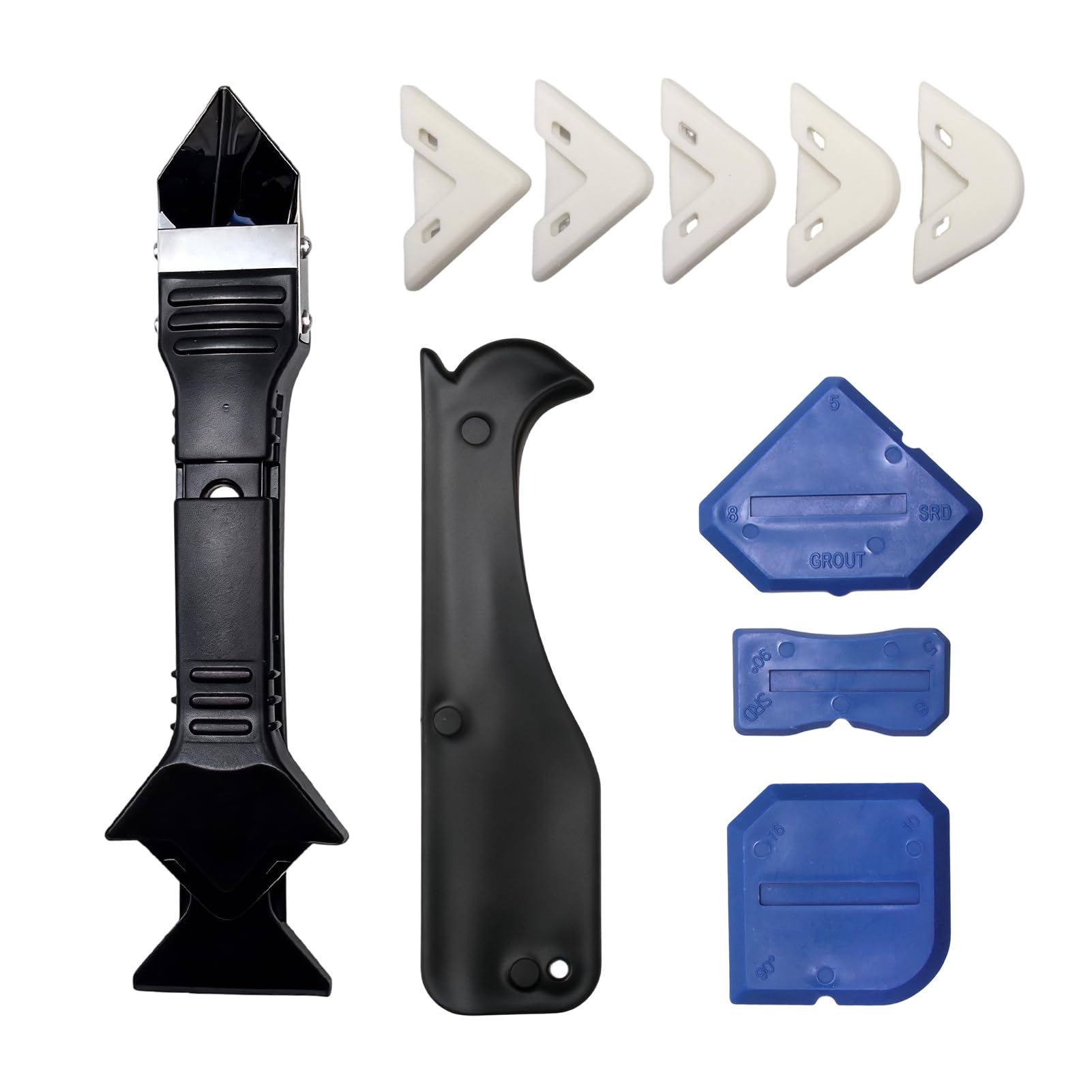 Silicone Sealant Tool Kit 5 in 1, Caulking Remover With Stainless Steel Head, 5 Replacement Silicone Pads And 4 Tile Gap Finishing Boards for Kitchen, Bathroom, Shower, Wall And Window Seal Repair
