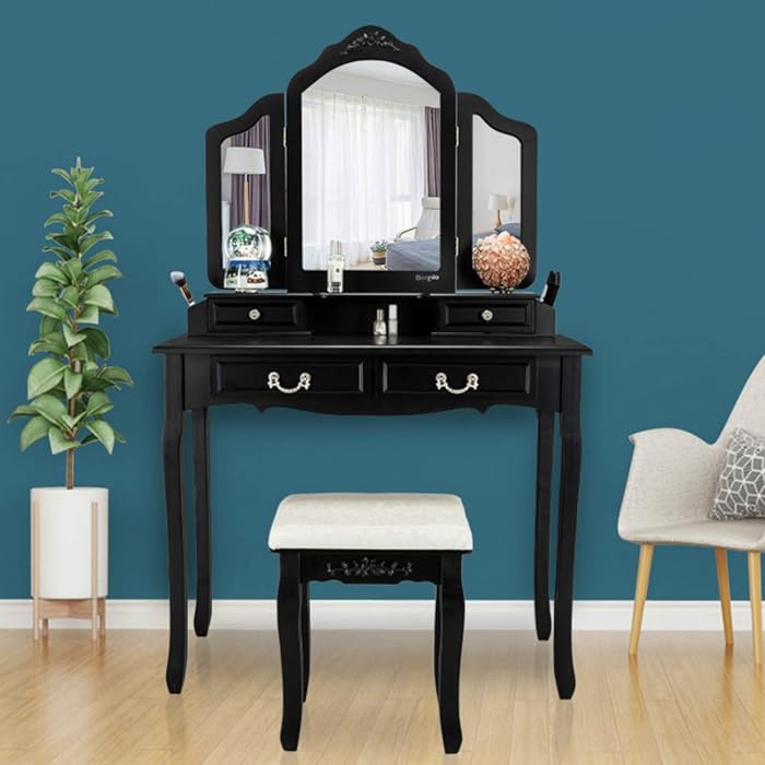 Buy VINGLI Vanity Set Black Makeup Vanity Table Set with TriFolding