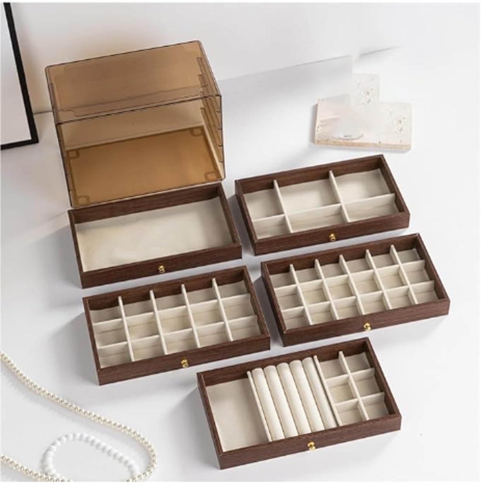 Drewniane pudełko na biżuterię dla kobiet Vintage drewniany organizer męski do przechowywania kolczyków, pierścionków, naszyjników, bransoletek i zegarków (5 warstw A)