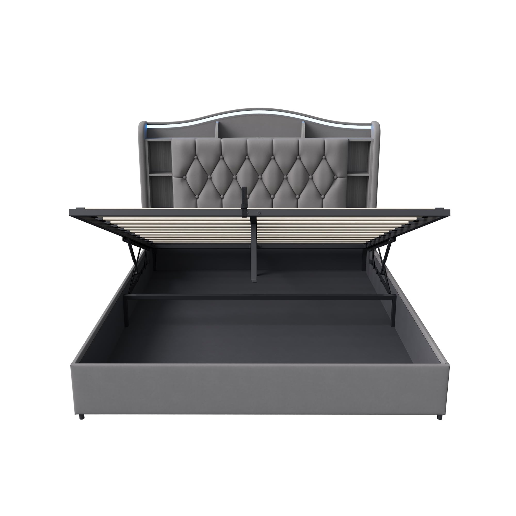 Letto Contenitore Matrimoniale 160x200 cm, Letto Baule con LED e Ricarica wireless, Letto imbottito con Contenitore e Testiera, Rete a Doghe in Legno, velluto, Senza Materasso (Grigio B, 160x200)