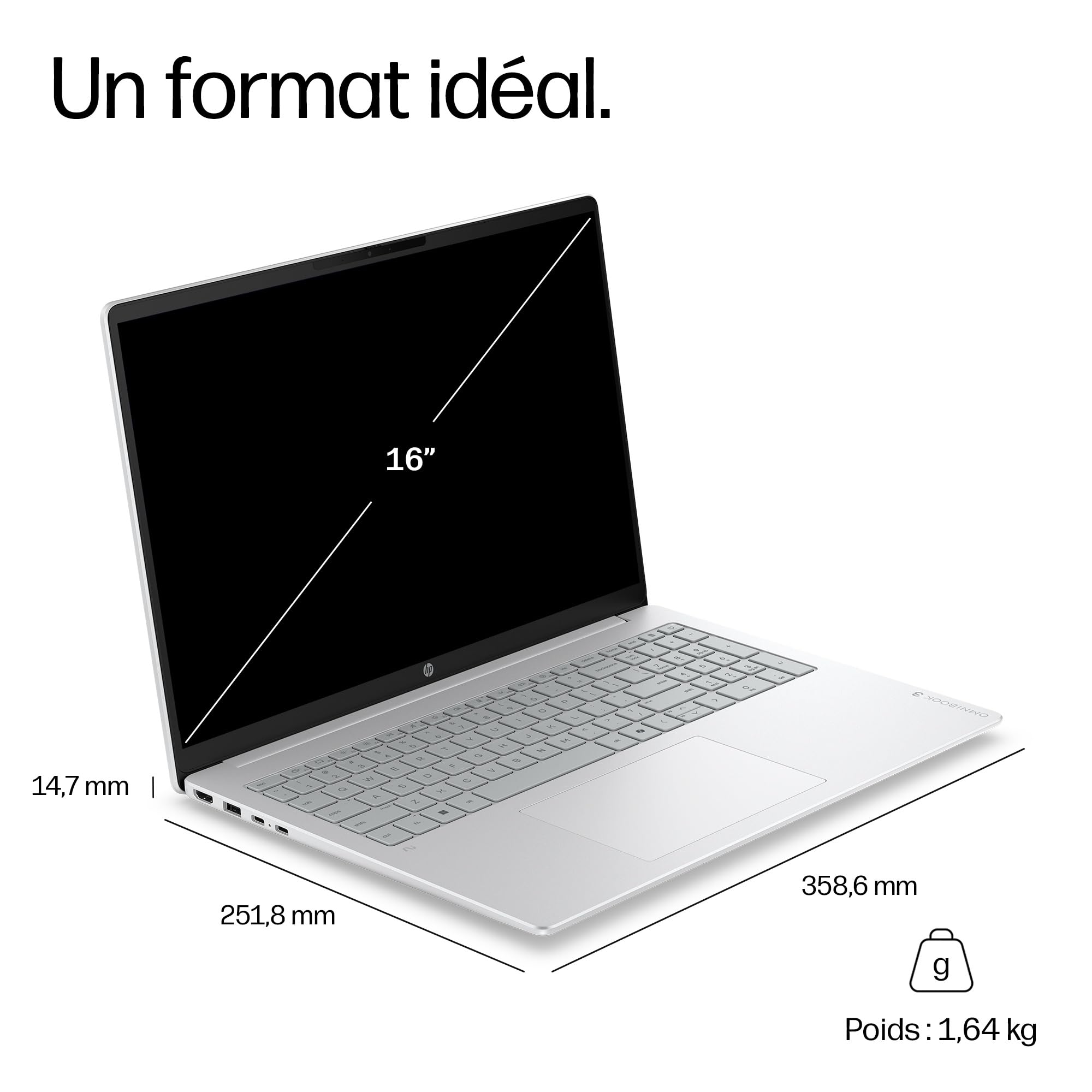 HP OmniBook 3 16-bu0025nfx Ordinateur Portable 16" 2K IPS, PC Portable (Intel Core 5-120U, RAM 8 Go, SSD 256 Go, Intel Graphics, Windows 11), Laptop Argent, Clavier AZERTY