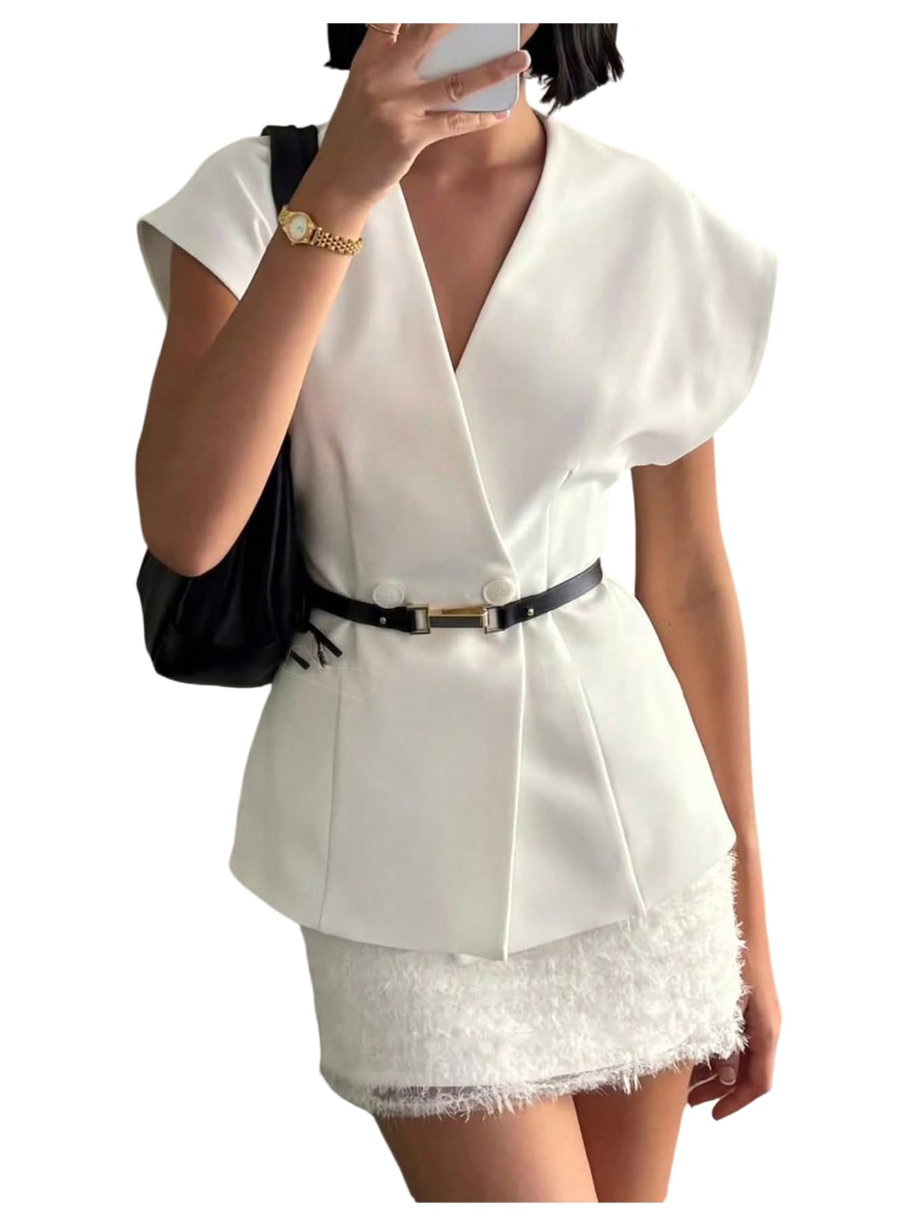 SOLY HUX Womens Double Breasted Wrap Blazer Vest Elegant V Neck Cap Sleeve Business Casual Waistcoat