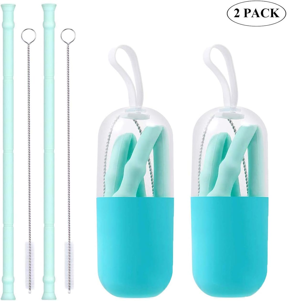 Collapsible Straw 2 Pack, Cilycon Folding Drinking Straws Keychain Reusable Silicone BPA Free Portable Set With Case Cleaning Brush - Foldable Travel Straw(Green/Green)