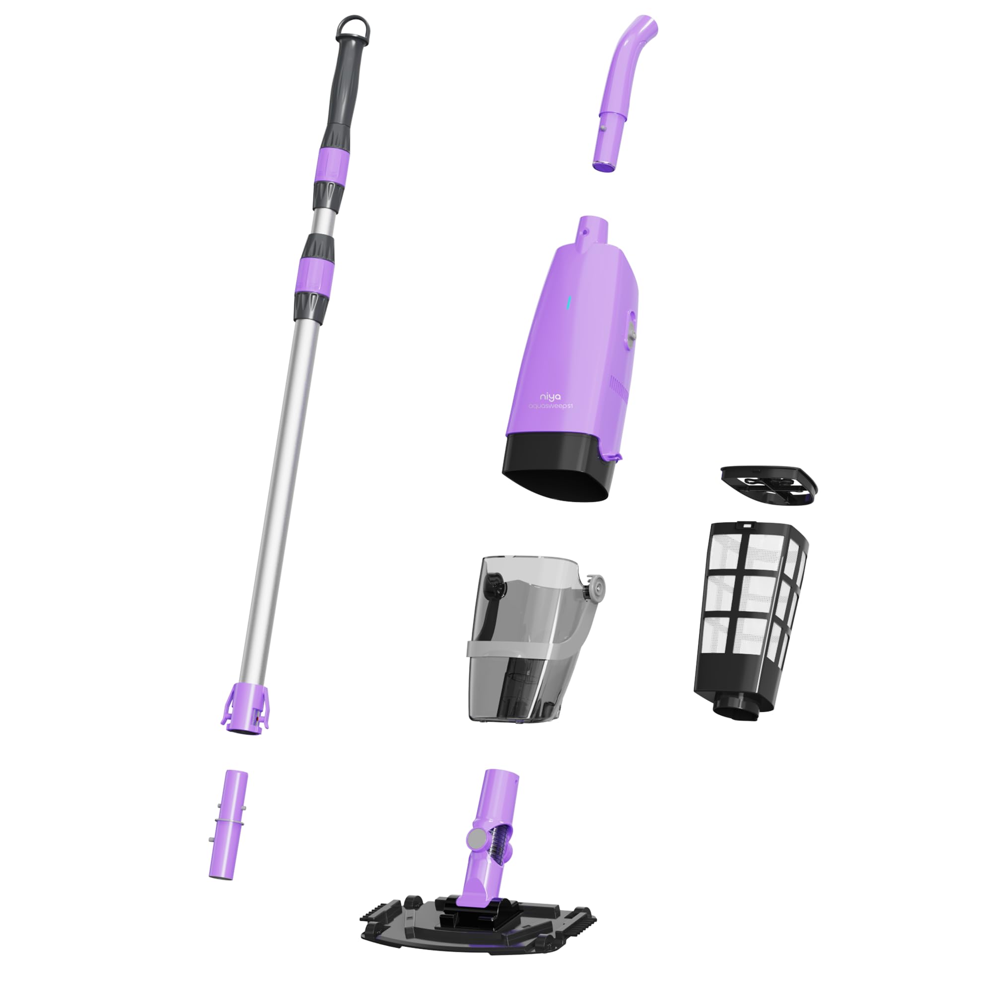 Niya AquaSweep S1 Aspirateur de Piscine sans Fil avec Manche télescopique, Aspiration puissante, Nettoyage des Coins Difficiles d’accès, Autonomie de 60 Min, pour Piscines Hors-Sol et enterrées, Spas