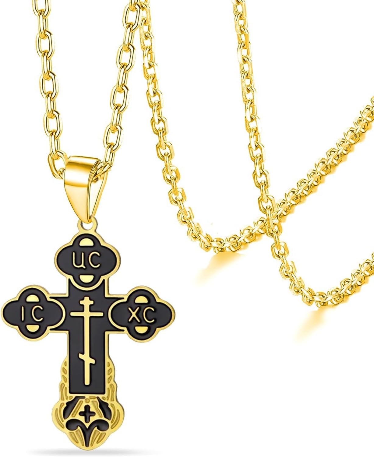 Wuufake Men Women Orthodox Christian Crucifix Cross Necklace Stainless Steel Russian Byzantine Cross Pendant Jesus Christ Elegant Religious Jewelry Gift for Him Her, G-Black