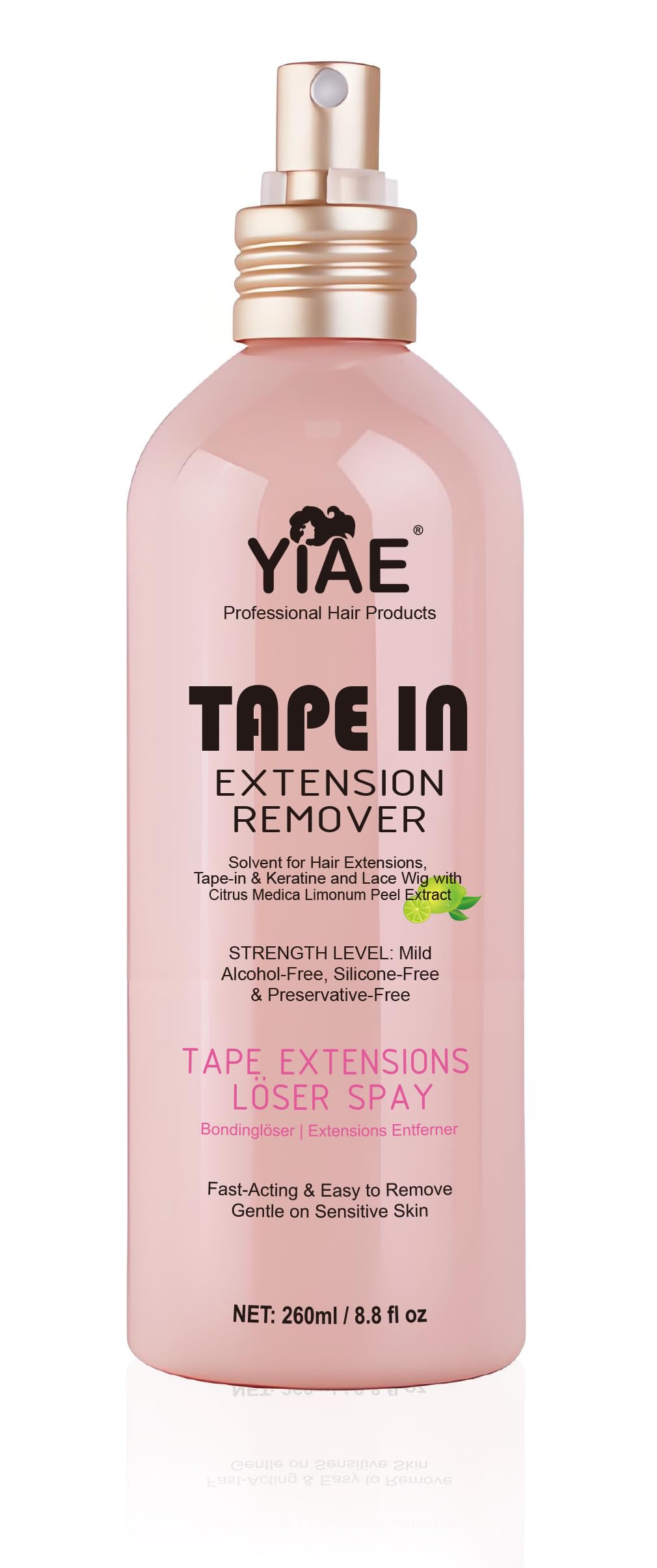 YIAE Tape Extensions Löser 260ml | Sanftes Bonding Löser für Extensions ohne Alkohol/Silikone für Tape-in, Keratin & Lace Wigs | Schnellwirkender Extensions Entferner mit Bio-Zitronenextrakt