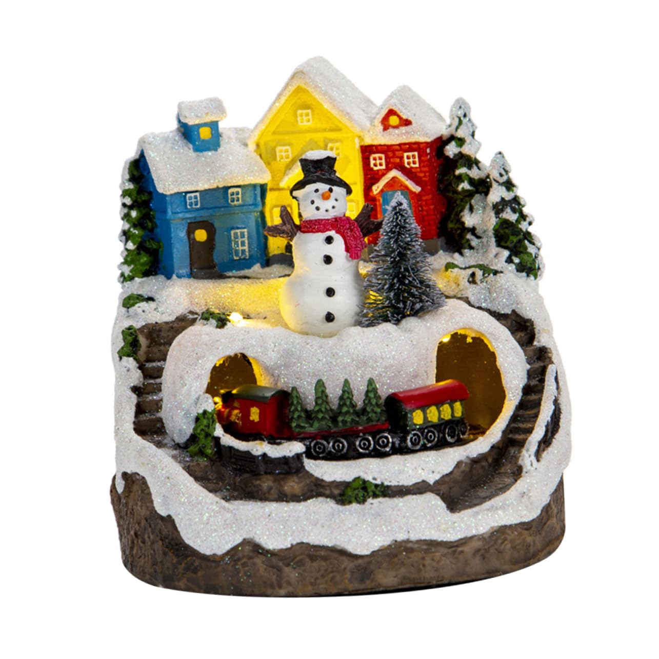 Cabilock Casa Navideña Iluminada con Sonido y Tren en Resina, Adorno Navideño Rústico para Interiores y Fiestas
