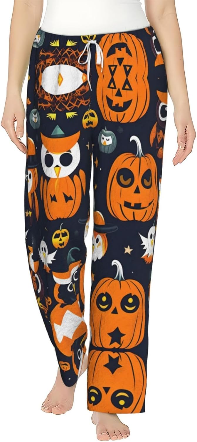 Halloween Owl Ghost Pumpkin Print Cozy Women'S Flannel Pajama Pants,Perfect For Christmas And Everyday Comfort