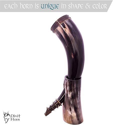 Miniatura 3 de Cuerno vikingo auténtico con soporte de hierro, auténtico cuerno medieval para beber cerveza, adornos de latón y bolsa de regalo de arpillera