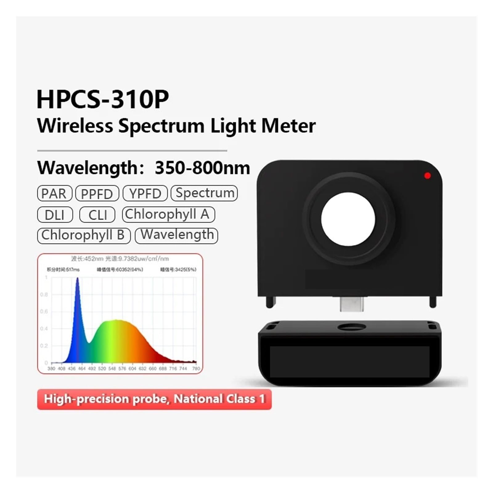 Espectrómetro portátil de 350-800 NM, medidor PAR PPFD, comprobador de Parpadeo con Pantalla for Luces LED de Cultivo de Espectro Completo. Lectura fácil de Datos(NO Screen 310P)