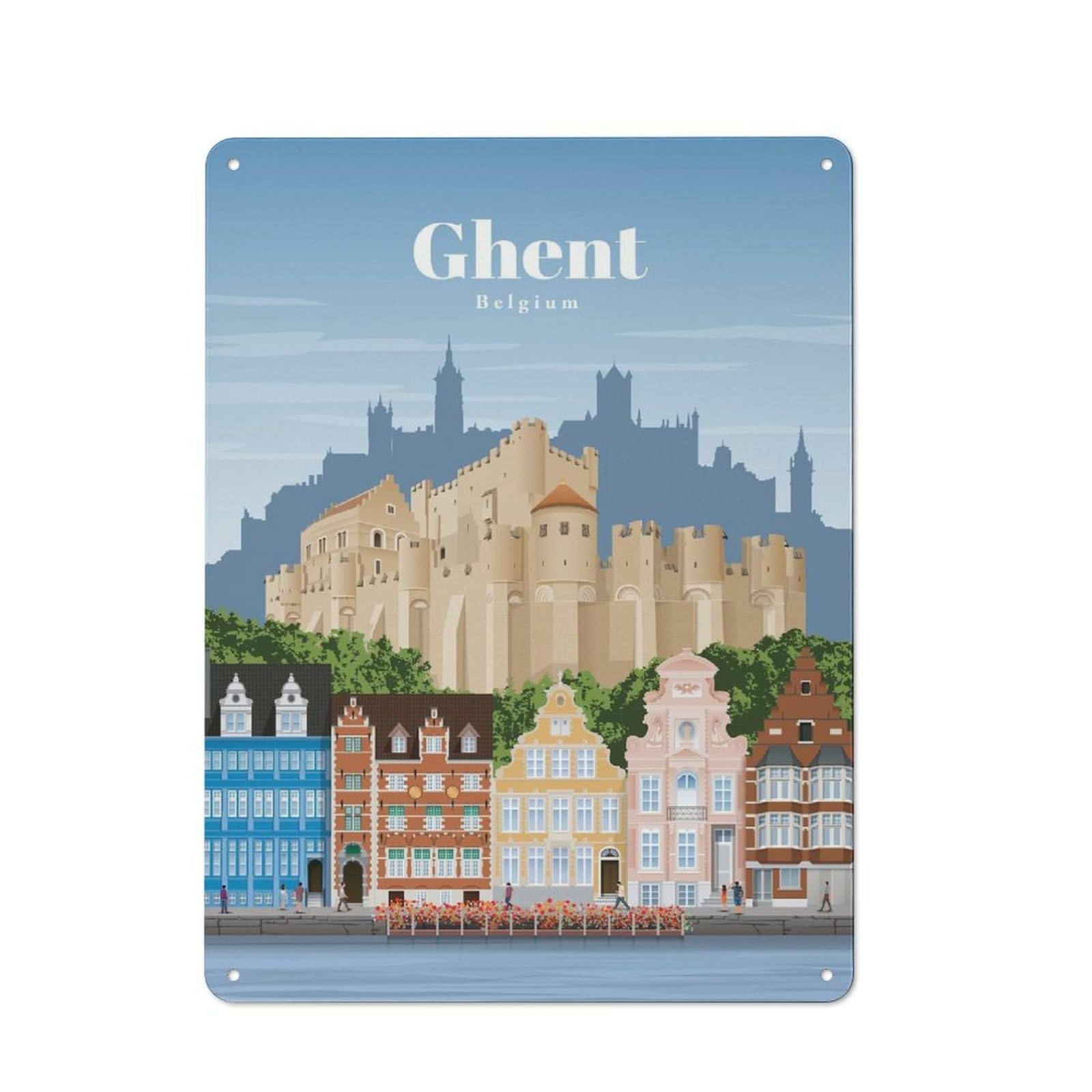 Junmoney Travel To Ghent Printed Tin Plaque, Small Wall Accent For Coffee Corner, Diner Or Kitchen Decor, 40X30cm