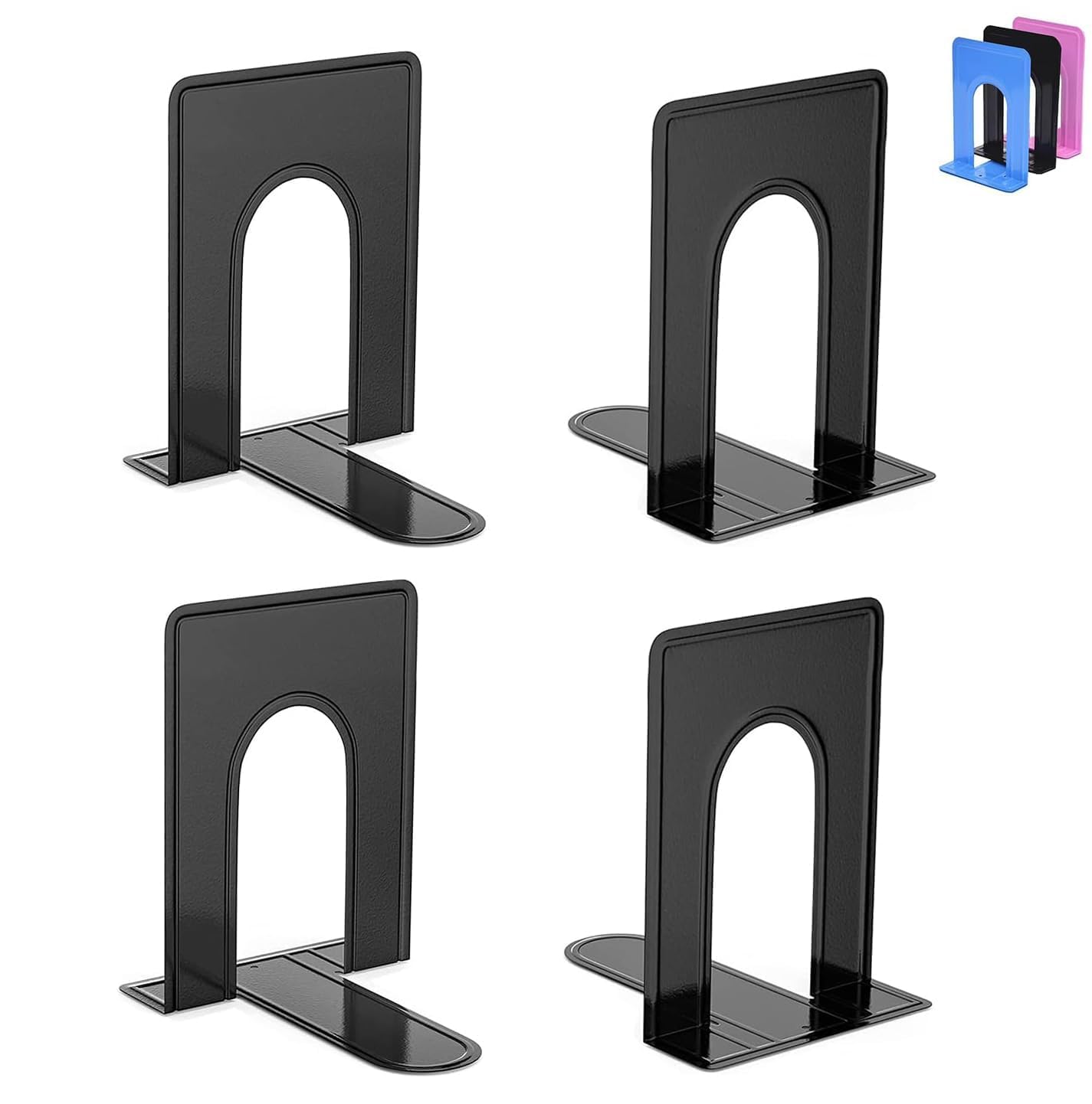 Optomni Bookends, Book End Supports Heavy Duty Metal Bookend Support, Book Ends Supports for Shelves Decor Home Office School (2 Pairs/4 Pieces, Black)