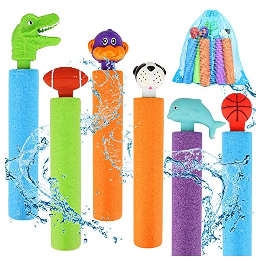 6 PCS Water Gun Shooter Set, Super Foam Soakers Blaster Squirt Guns, Pool Noodles Toy with Plastic Handle Summer Swimming Beach Garden Fighting Game, Outdoor Toys for Age 3 4 5 6 7-12 Boys Girls Gifts