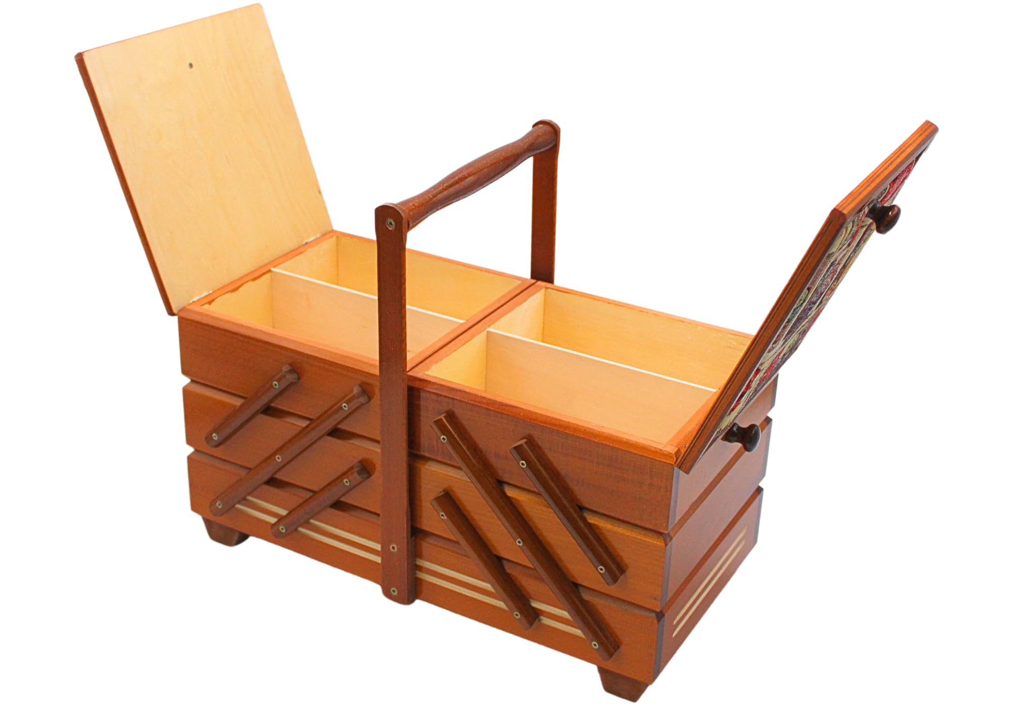 Boîte à couture de qualité supérieure en bois plaqué avec 7 compartiments et housse en tissu - Motif aiguilles en acajou - Dimensions (L x l x H) : 42 x 20 x 21 cm