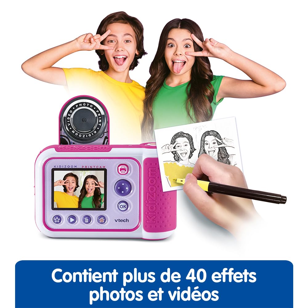 VTech - KidiZoom Print Cam Rose, Appareil Photo à Impression Instantanée, Photo, Selfie, Vidéo, Écran Couleur, Stickers, Filtres et Effets Rigolos, Cadeau Enfant Dès 5 Ans - Contenu en Français