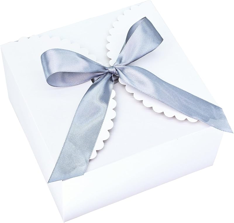 WEWILUCK 8x8x4 White Gift Box with Lid & Ribbon, 6 Pack Foldable Paper Box | Party Favor Boxes for Bridesmaid Proposal, Weddings, Birthdays and Parties; Sturdy Reusable Paperboard Boxes for Gifts