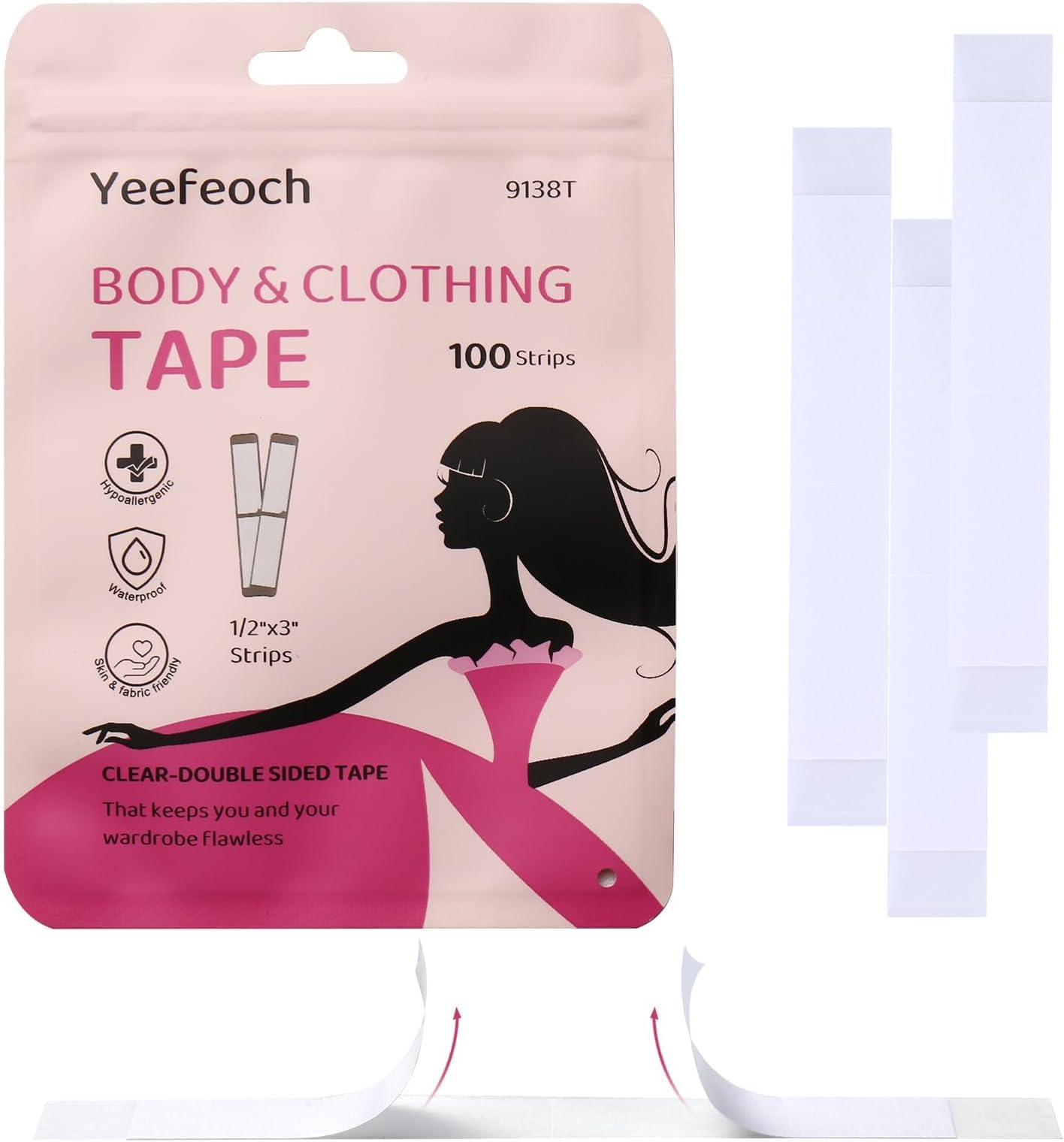 Fashion Transparent Tape Double Sided Tape for Women Clothes & Dress,Body and Boob, Seamless Style Support and Skin-Friendly Adhesive for All Fabric&Complexion (100 Strips)
