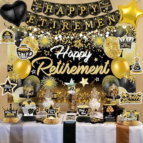 Image of Happy Retirement Party Decorations for Men and Women - Black and Gold Banner, Backdrop Card, Sash, Hanging Swirls, Foil Balloons, Honeycomb Centerpieces