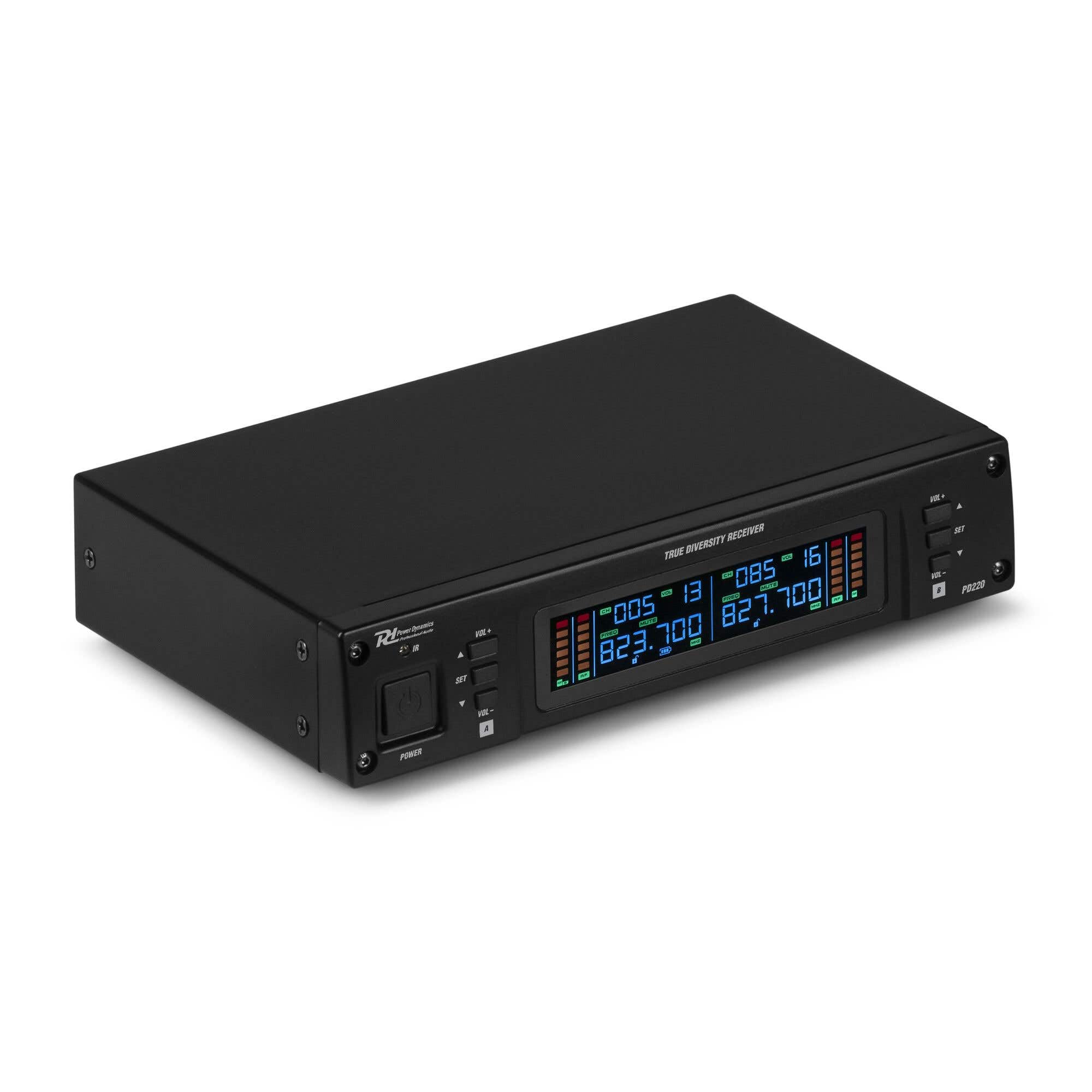 Power Dynamics PD22 Sistema inalámbrico UHF con 2 micrófonos | True Diversity, 2 micrófonos, 80 canales por unidad, incluye maletín de transporte