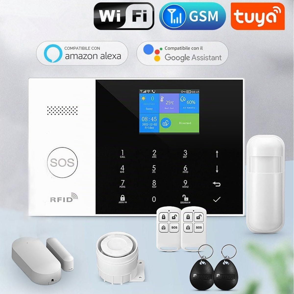 Sistema di allarme di sicurezza domestica wireless,kit di allarme WiFi 2G DIY composto da 24 pezzi con sensori di porta,telecomandi a distanza,sensori di movimento,pulsante SOS,compatibile con Alexa