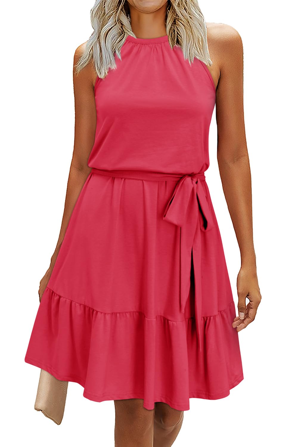 Newshows Summer Dresses, Women's Knee-Length Elegant Dress, Floral Pattern, Halterneck Ruffle Casual Dresses with Pockets