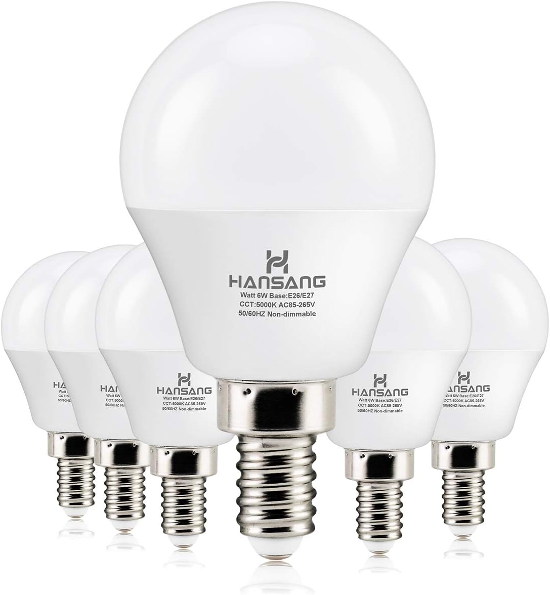 hansang E12 LED Bulb, Daylight 5000K, 60 Watt Equivalent Ceiling Fan Light Bulbs, E12 Small Base Candelabra LED Light Bulbs, 600 Lumen CRI 85+ Eye Protection, Non-dimmable 120V (85-265V Range) 6 Pack