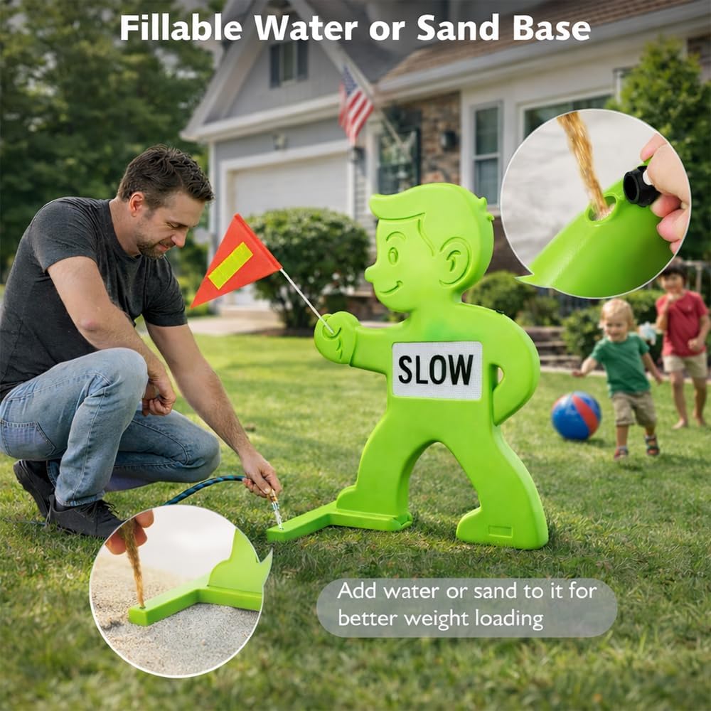 Outdoor Child Safety Sign - Kid Alert Street Safety Sign - 31 Inch Green Caution Sign for Neighborhoods Schools Driveway, Slow Down Kids At Play Sign with Reflective SLOW Sticker & Warning Flag